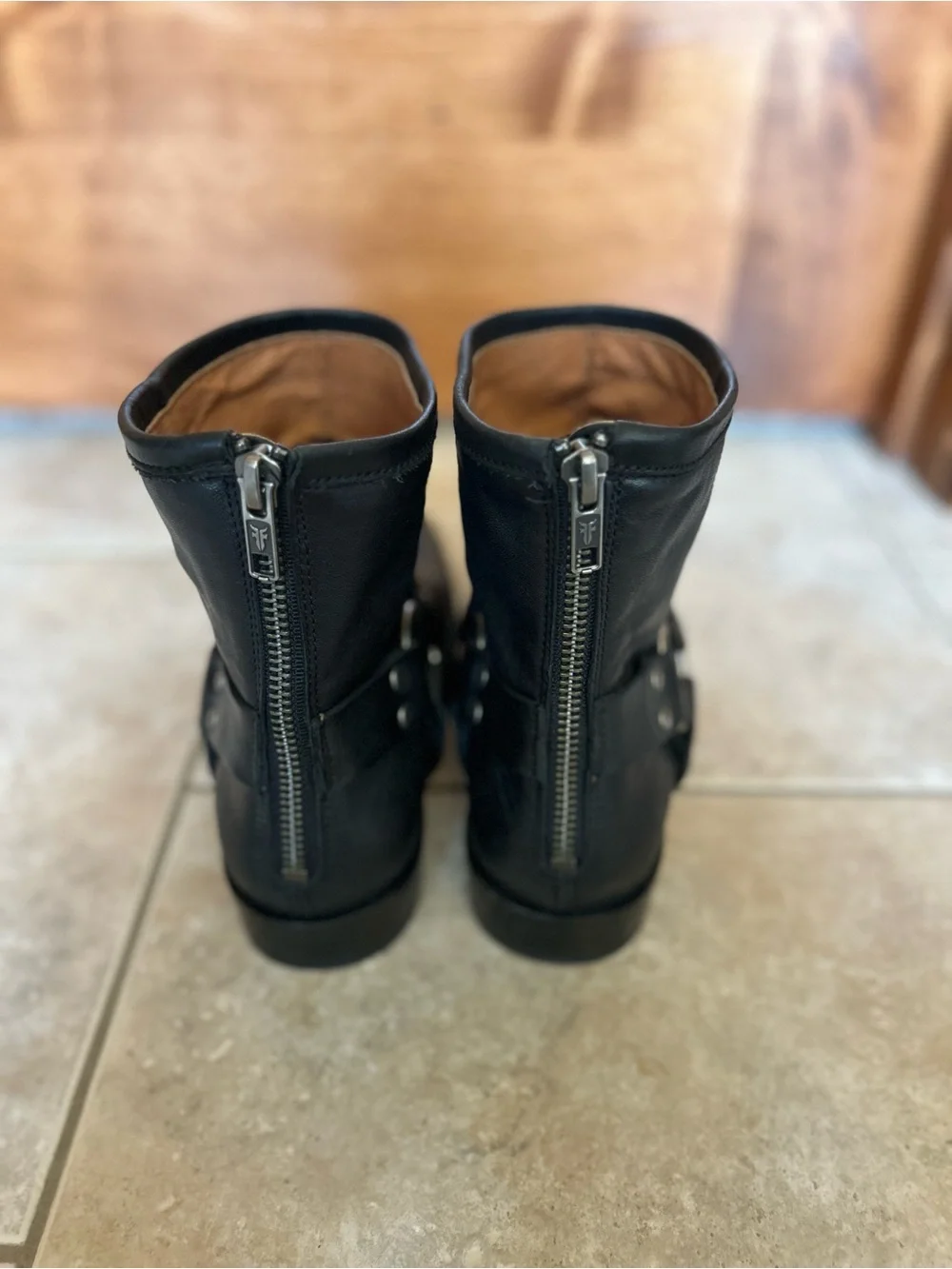 Frye Black Leather Harness Booties